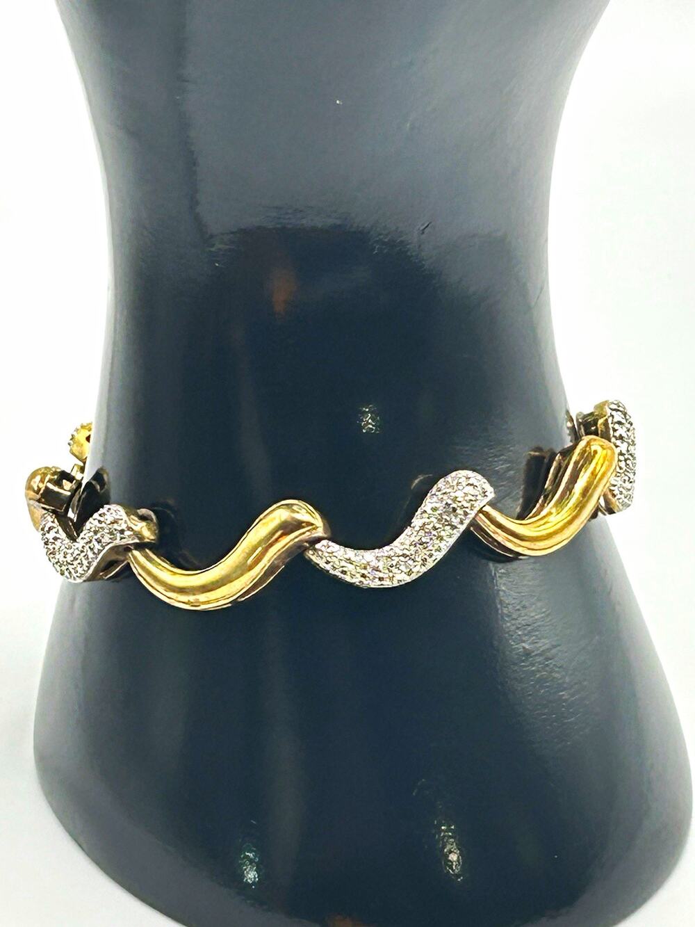 Vintage Gold & Sterling Silver Pavé Diamond Wave Link Bracelet
